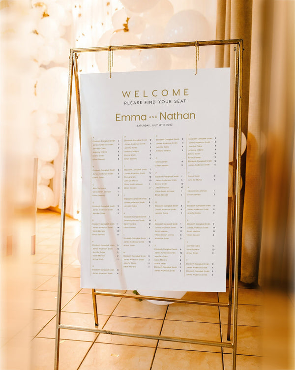 Wedding seating chart alphabetical, Seating chart sign, Seating chart template, Gold seating chart