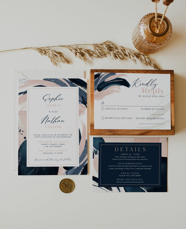 Navy Wedding invitation set, Elegant and modern invitation set with navy blush watercolor, Editable wedding Invitation templates #Celeste