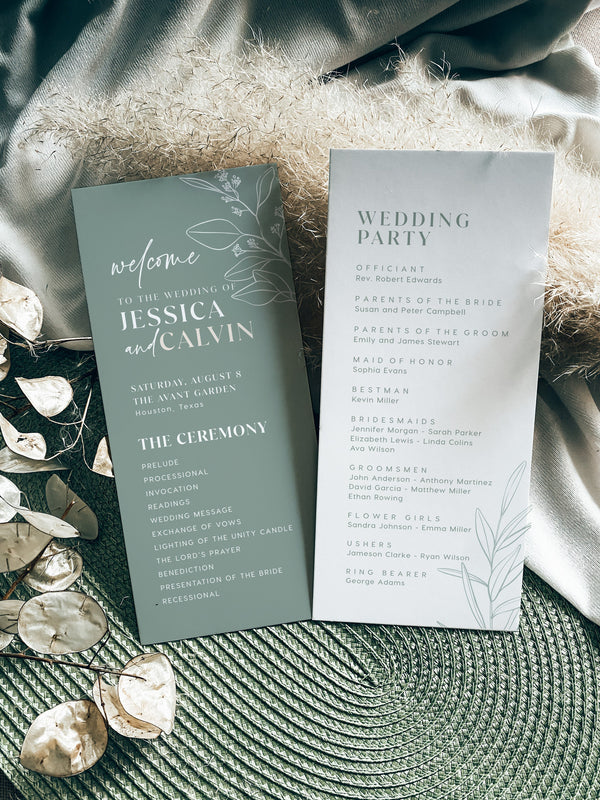 Sage wedding program, Floral wedding program template, Wedding party and program card template #sagefloral