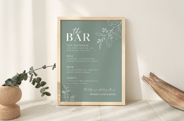 Sage floral wedding sign, Bar menu sign, Bar menu template, Floral wedding sign, Botanical wedding sign, Sage green #sagefloral