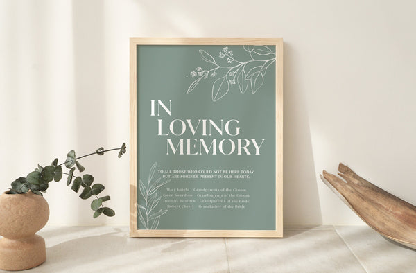 In loving memory sign template, Memorial wedding sign, Floral wedding sign, Botanical wedding sign, Sage green wedding sign #sagefloral