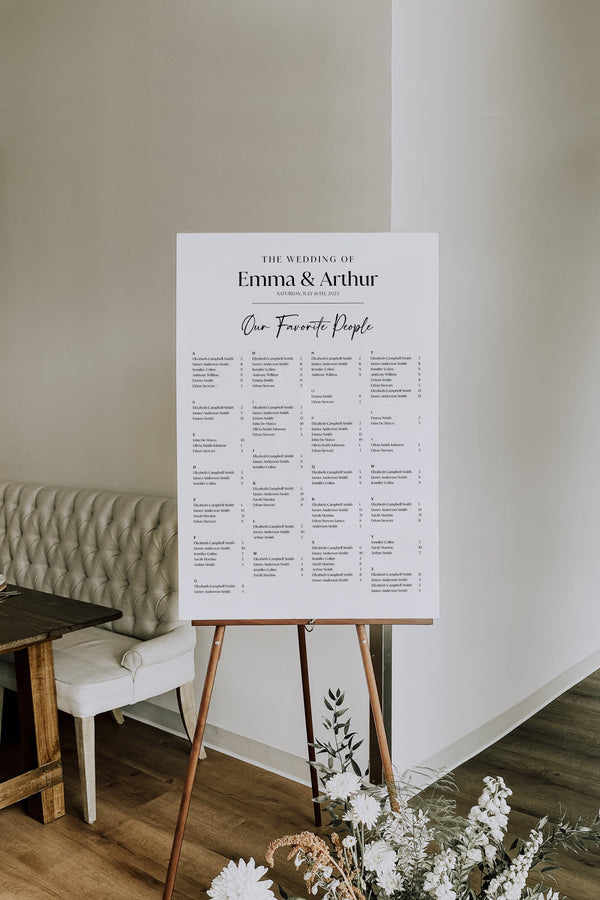 Modern seating chart, Minimalist wedding seating chart alphabetical, Seating chart template, Seating chart sign