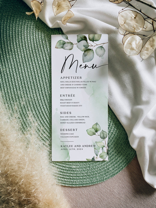 Greenery menu card, Wedding menu template, Eucalyptus floral #Elise