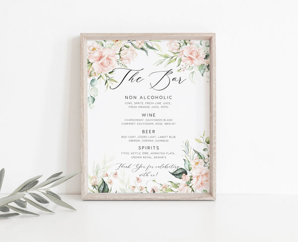 Wedding Bar template, Bar menu sign, Drinks menu wedding sign, Roses and greenery floral, Flower wedding sign #florish