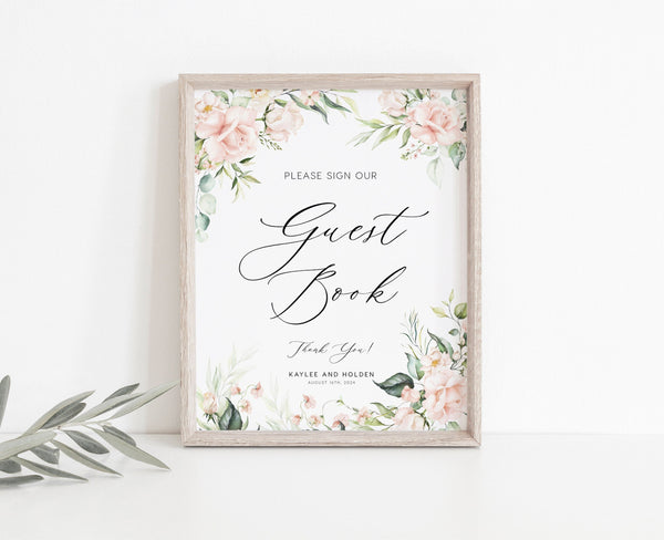 Guest Book floral sign, Wedding guest book sign template, Roses and greenery floral, Flower wedding sign #florish