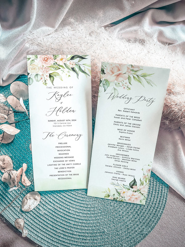 Wedding Program template, Greenery and Flower wedding program, Ceremony program cards #florish