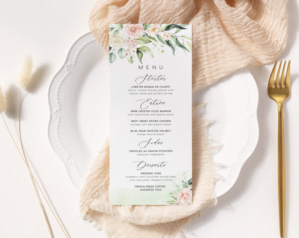 Floral Menu template, Wedding menu cards, Blush flowers and floral greenery, Wedding menu template #florish