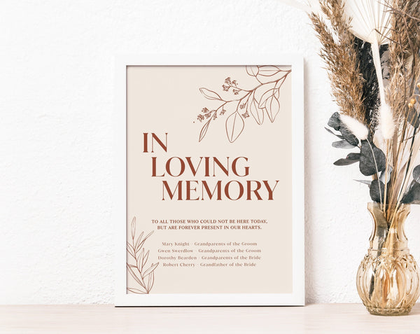 In loving memory sign template, Memorial wedding sign, Floral wedding sign, Botanical wedding sign, Terracotta wedding sign #herbal