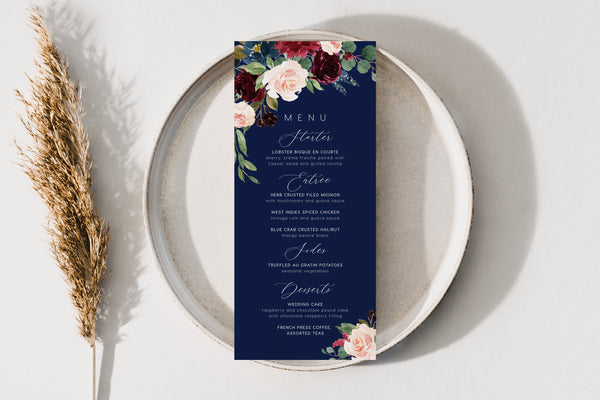 Navy menu, Wedding menu template, Boho wedding menu, Bohemian blush, burgundy and navy wedding menu #navysh