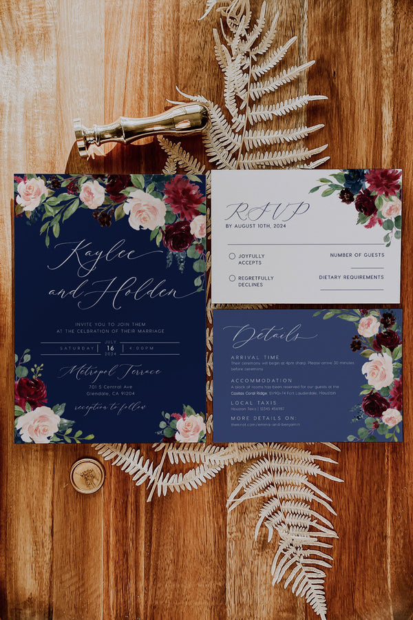 Navy invitation template with flowers and roses