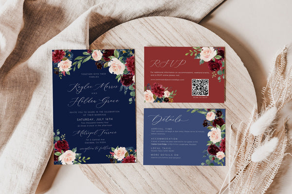 Navy invitation template with flowers and roses, Navy Wedding invitation template, Navy invitation set with RSVP and Details card #navysh