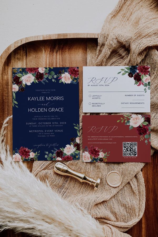 Boho Navy Wedding Invitaiton