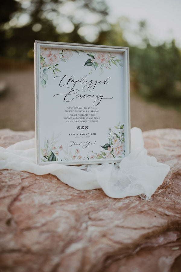 Unplugged ceremony sign, Wedding unplugged sign template, Roses and greenery floral, Flower wedding sign #florish