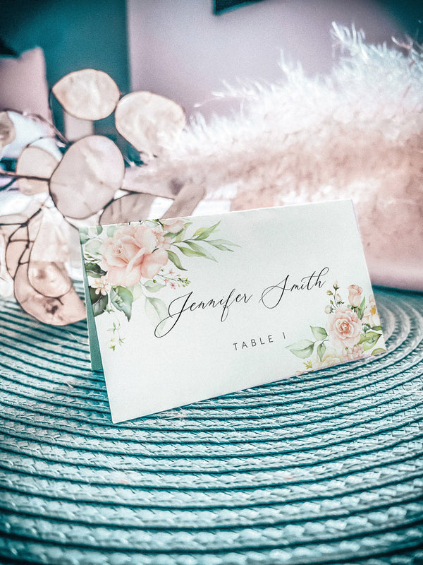 Flower place cards wedding, Place card template, Roses and greenery floral, Flower wedding sign, Wedding name cards #florish