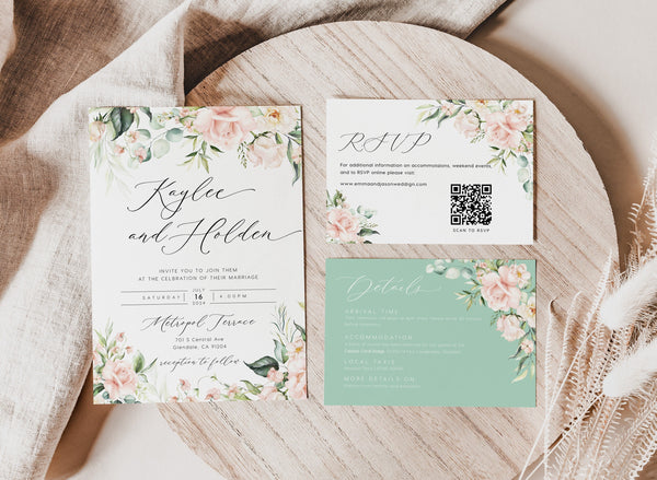 Blush greenery wedding invitation set with Details and RSVP cards, Floral wedding invitation template