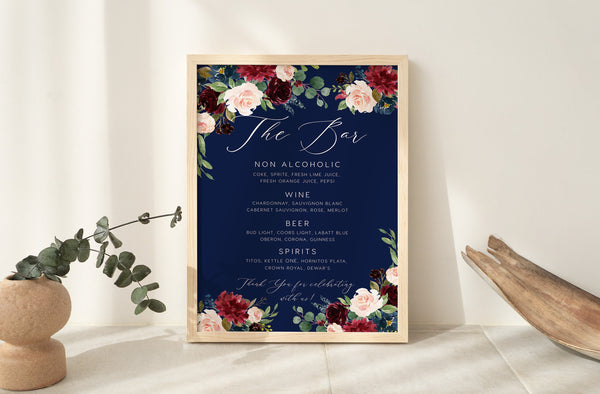 Wedding Bar template, Bar menu sign, Drinks menu wedding sign, Navy wedding sign, Bohemian blush, burgundy and navy wedding  #navysh