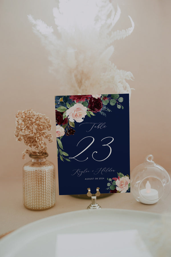 Wedding table numbers template, Navy table numbers, Bohemian blush, burgundy and navy wedding menu #navysh