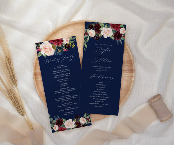 Wedding program template, Navy program cards, Bohemian blush, burgundy and navy wedding menu #navysh