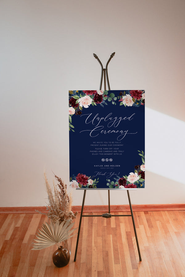 Unplugged wedding sign, Unplugged ceremony sign, Navy wedding sign, Bohemian blush, burgundy and navy wedding #navysh