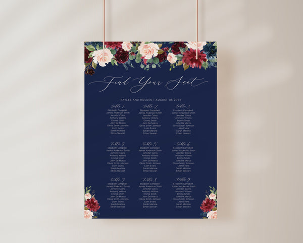 Seating chart wedding, Navy seating chart sign, Navy wedding sign, Bohemian blush, burgundy and navy seating chart template #navysh