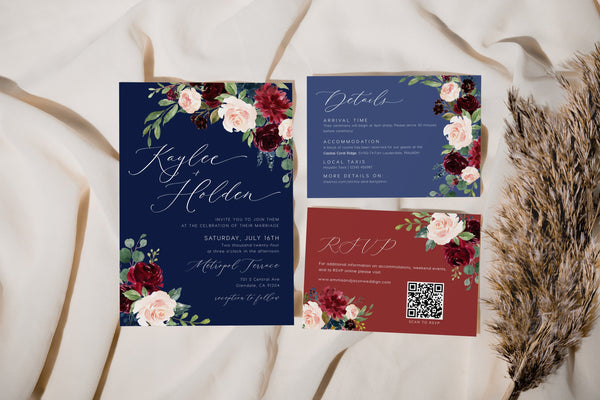 Navy Wedding Invitation Set, Navy invitation template, Navy burgundy blush invitation with RSVP and Details card #navysh