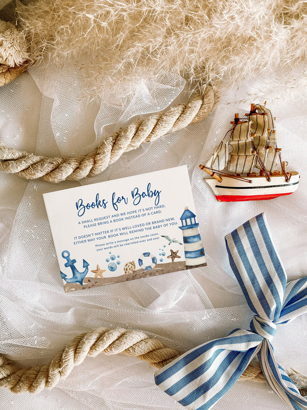Books for baby cards, Baby shower books cards, Nautical baby shower theme, Books card template #Nautical