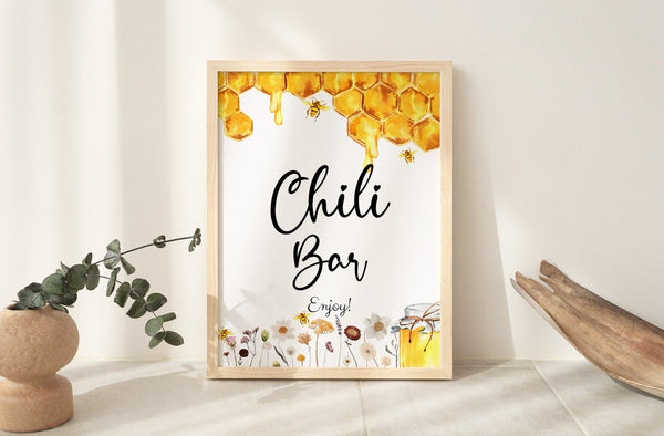 Chili Bar sign, Honey baby shower sign, Honey bee and wildflowers baby shower theme, Chili Bar sign template  #honeybee