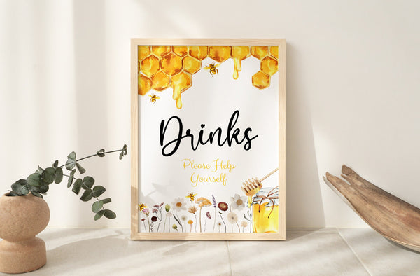 Drinks sign, Honey bee and wildflowers baby shower, Drinks sign template #honeybee