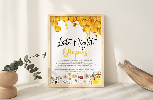 Late Night Diapers sign, Honey baby shower sign, Honey Bee and wildflowers baby shower #honeybee