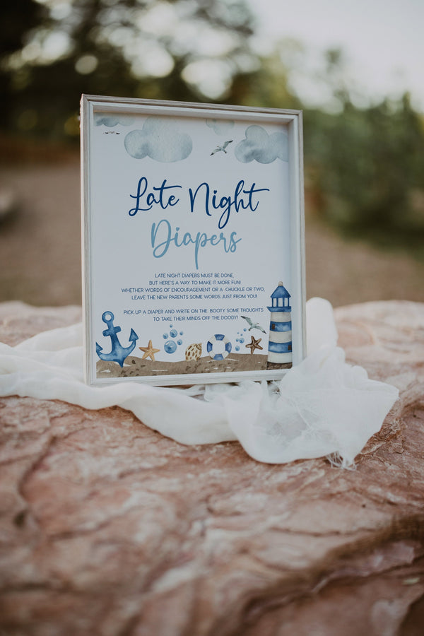 Late Night Diapers sign, Nautical baby shower sign, Nautical baby shower theme, Late Night Diapers template #Nautical