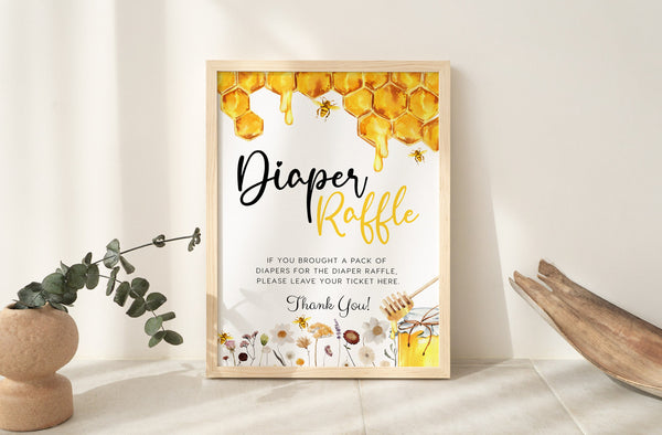 Diaper Raffle sign, Honey Bee and wildflowers baby shower theme, Diaper Raffle template #honeybee