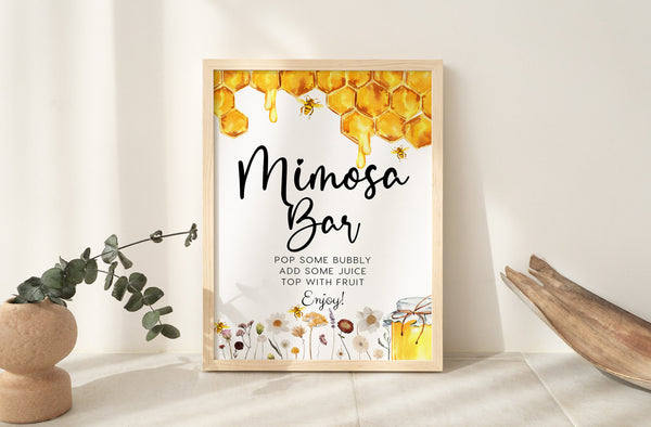 Mimosa Bar sign, Honey Bee and wildflowers baby shower, Mimosa Bar template #honeybee