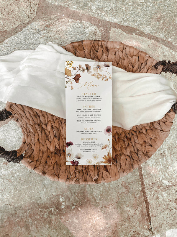 Wedding menu cards template, Boho Floral wedding menu, Wildfower menu, Menu template #floralium