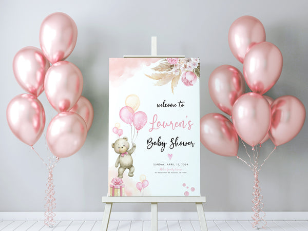 Pink Welcome sign, Baby shower Welcome sign template, Pink bear and balloons, Girl baby shower sign #pinkybear