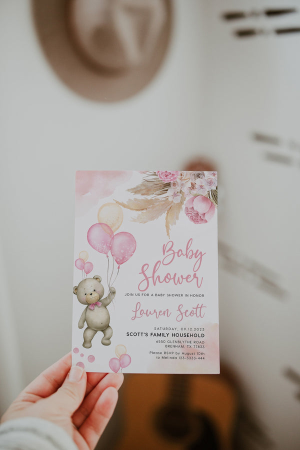 Pink Baby Shower invitaiton, Girl baby shower invitation, POink bear and balloon baby shower theme, Boho pampas and pink roses #pinkybear