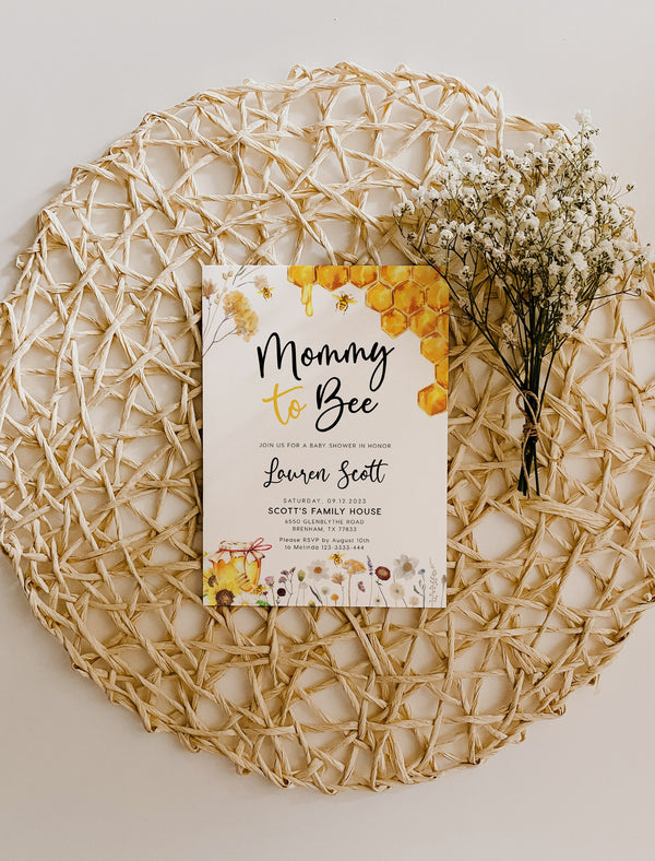 Honey baby shower Invitation, Mommy to Bee invitation, Honey bee and wildflowers baby shower invitation template #honeybee