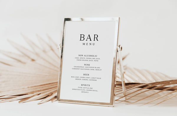 Bar menu template, Elegant Bar menu sign, Drinks menu sign, Elegant wedding stationery, Customizable template #Moreae