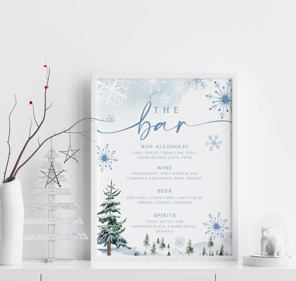 Bar menu table sign, Drinks bar sign, Winter Wonderland bar sign, Winter wonderland stationery, Bar menu template #BLUEWW