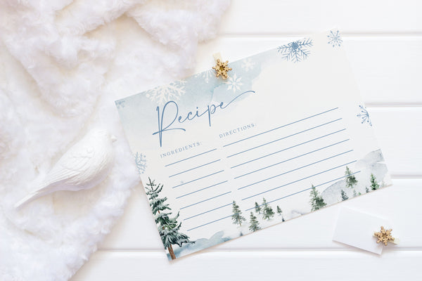 Recipe card template, Winter recipe card, Winter wonderland bridal shower recipe card #BLUEWW