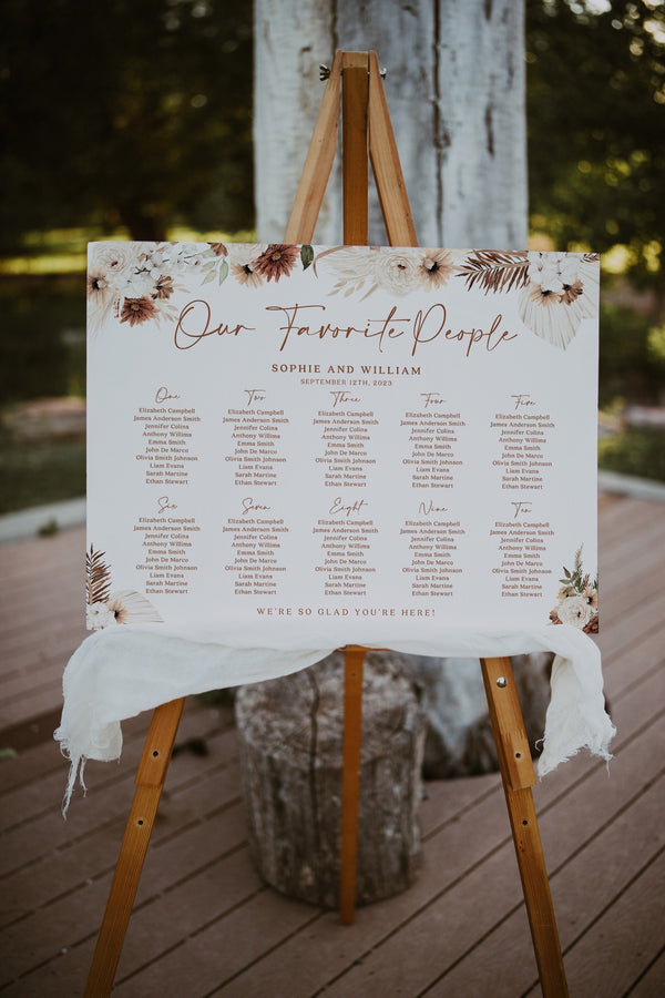 Seating chart wedding, Boho wedding seating chart template, Pampas seating chart sign, Our Favorite People sign #Ellery