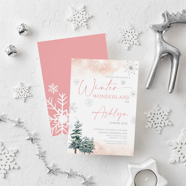 Pink birthday invitation, Winter birthday invitation template, Winter Wonderland invitation #ROSEWW