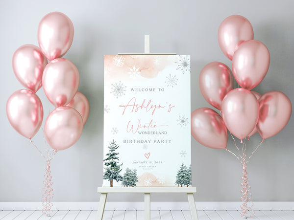 Pink Birthday Welcome sign, Girl birthday, Winter birthday welcome sign template, Winter Wonderland sign #ROSEWW