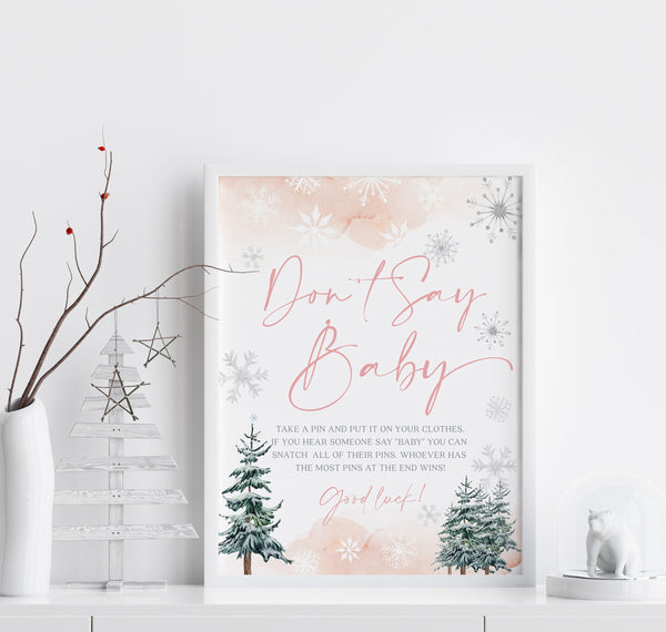 Don't say baby template, Pink winter baby shower sign, Don't say baby sign #ROSEWW