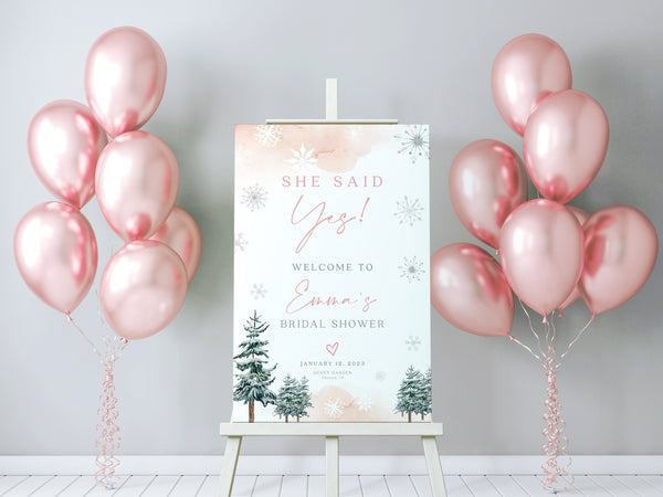 Winter Bridal shower Welcome sign, She Said Yes sign, Pink Bridal shower sign, Welcome sign template #ROSEWW