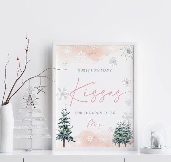 Guess how many Kisses for the soon to be Mrs Bridal shower sign, Pink winter bridal shower sign #ROSEWW