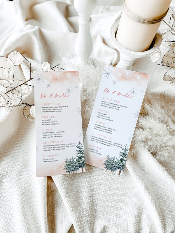 Pink Menu template, Winter menu cards, Winter wonderland stationery #ROSEWW