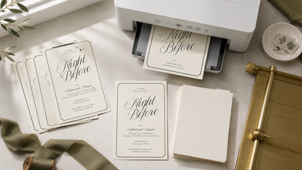 Home printer and wedding invitation stationery on a work table