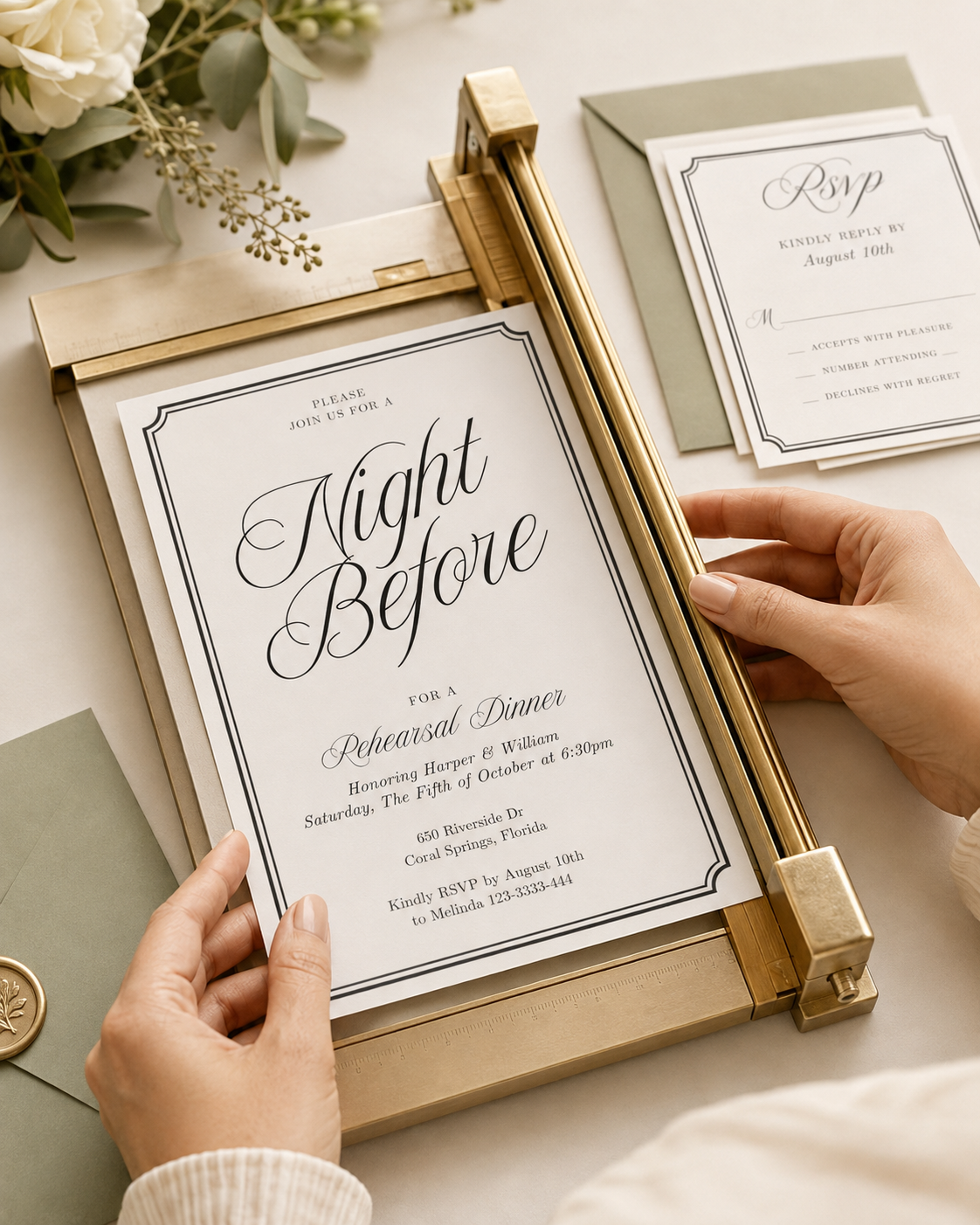 Trimming a printed wedding invitation with a paper cutter