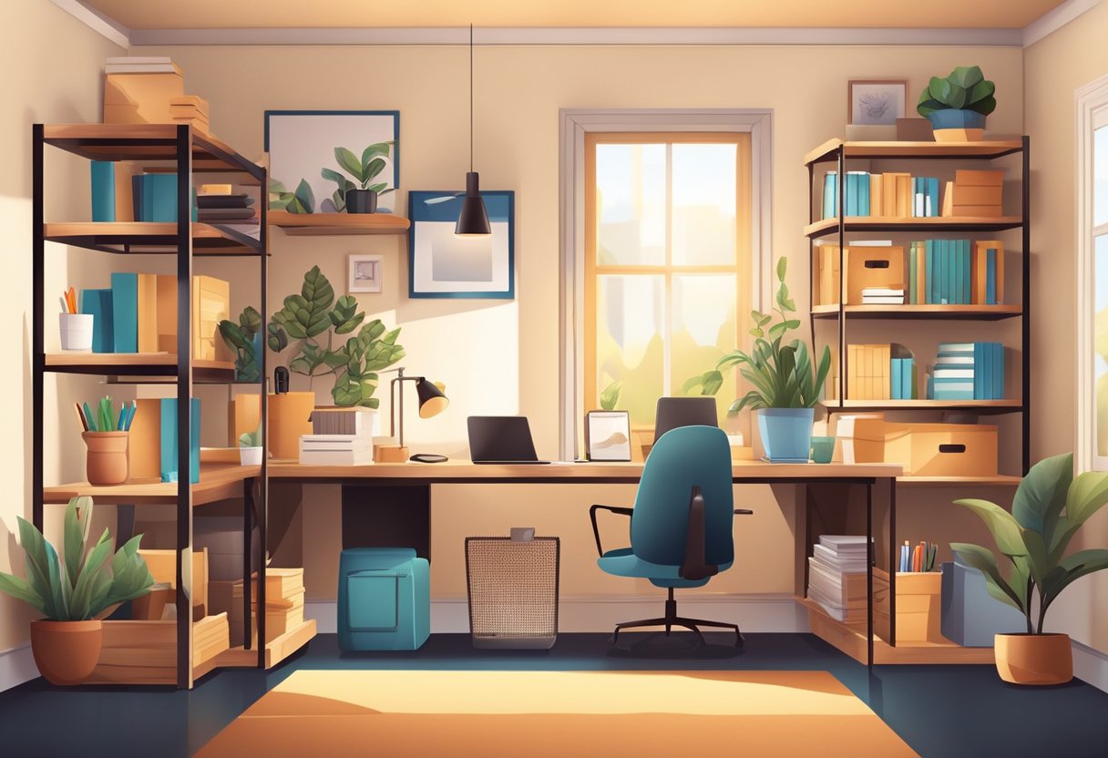 A cozy home office with a desk, printer, paper, and stationery supplies neatly organized on shelves. A warm, inviting atmosphere with natural light streaming in