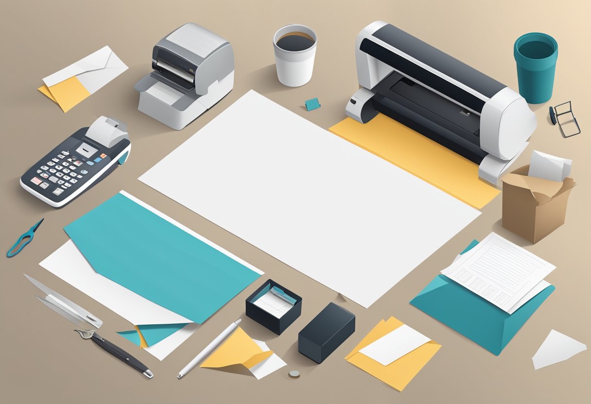 A table with a printer, paper, envelopes, and design mockups. Scissors, glue, and ribbon are nearby for assembling the stationery suite